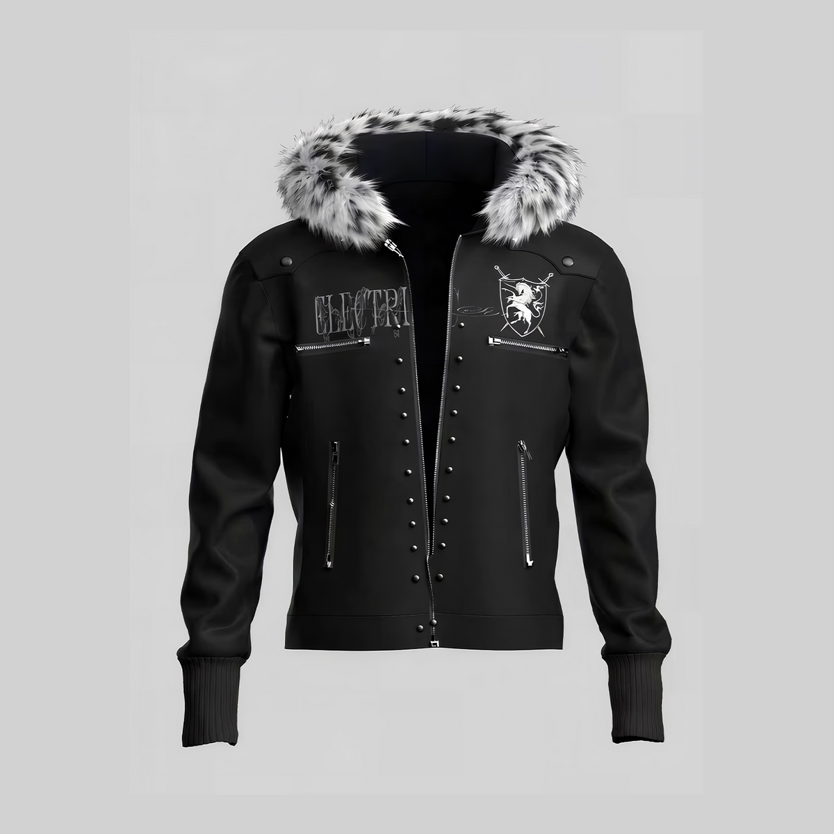Leopard Fake Fur Collar Shield Emblem Hooded Jacket WN27112