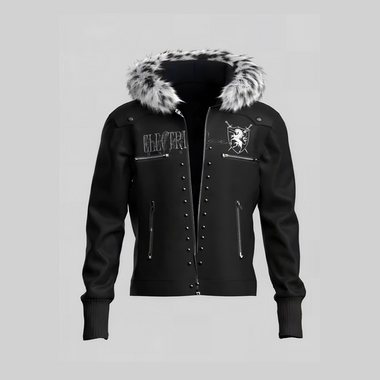 Leopard Fake Fur Collar Shield Emblem Hooded Jacket WN27112
