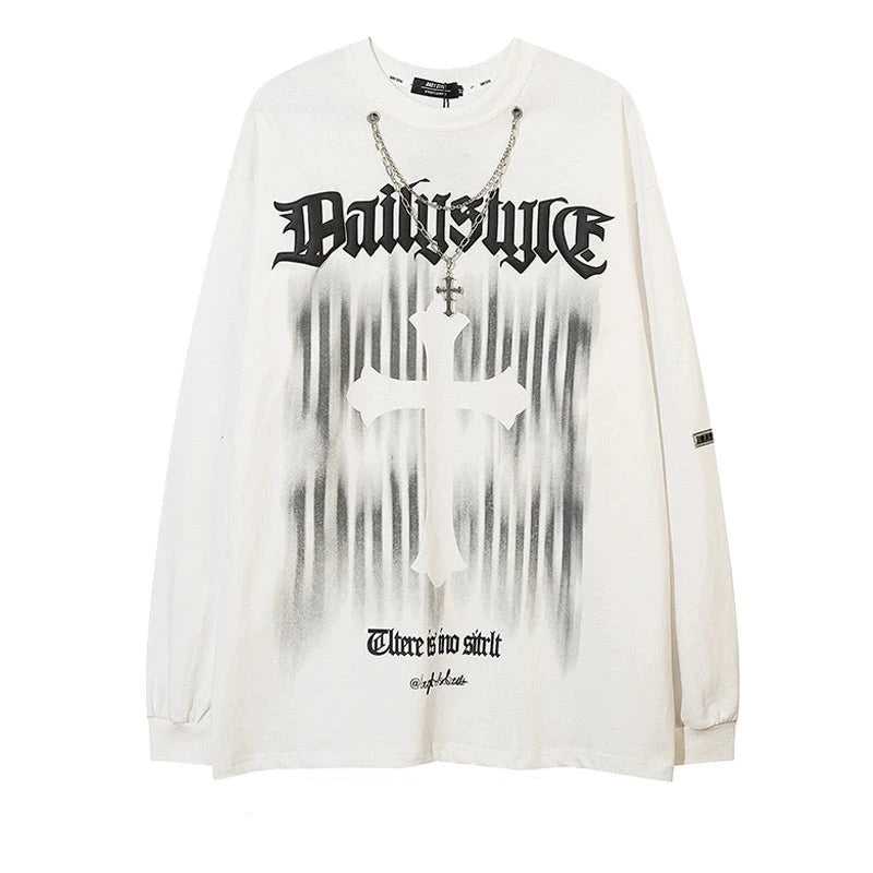 Chain Attached Print Oversize Long Sleeve T-Shirt WN5464