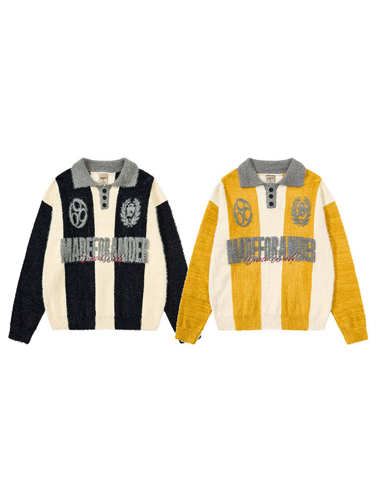 Stripe Embroidery Button Polo Knit Sweater WN24156