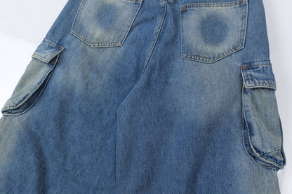 Washed Multi Pocket Cargo Denim Half Jeans WN26123