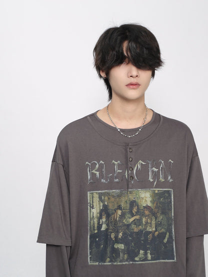 Fake Layered Print Oversize Long Sleeve T-Shirt WN24415