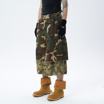 Camouflage Patchwork Fake Layered Multi Pocket Cargo Short Pants WN24346