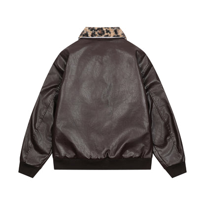 Badge Embroidery Detachable Leopard Collar PU Leather Jacket WN11189