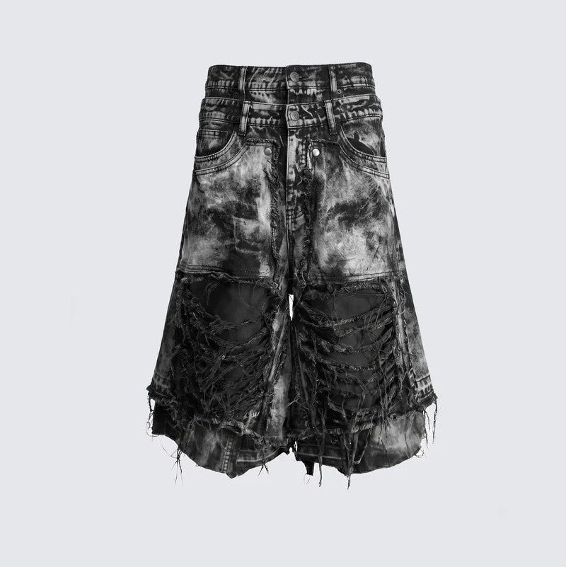 Washed Damage Frayed Denim Half Jeans WN28037