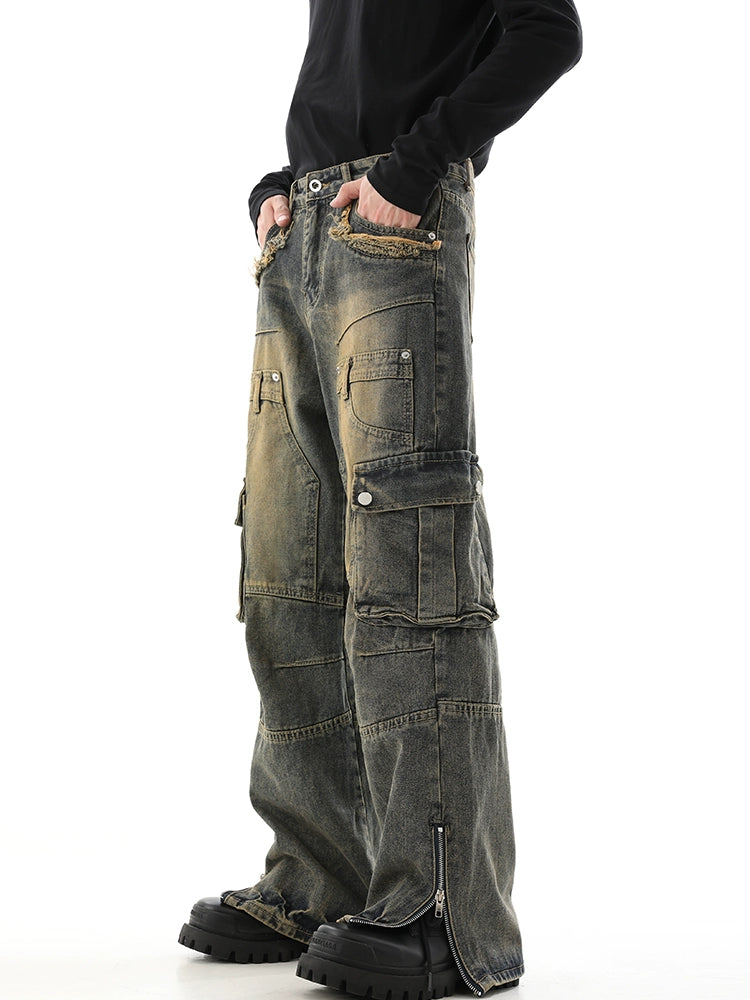 Zipper Multi-Pocket Utility Straight Denim Cargo Jeans WN10466