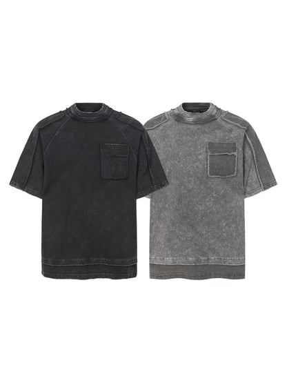 Washed Fake Layered Pocket Detail Short Sleeve T-Shirt WN28028