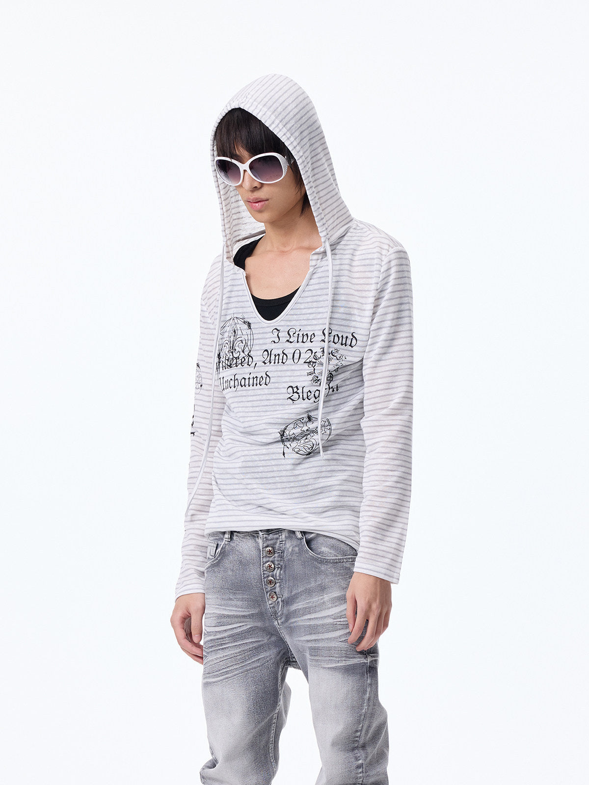 Striped Print Hooded Cropped Long Sleeve T-Shirt WN27315