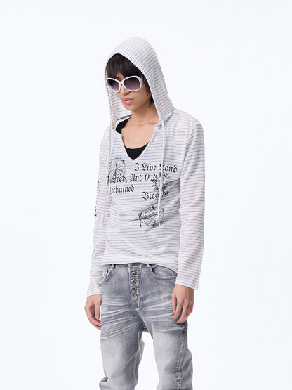 Striped Print Hooded Cropped Long Sleeve T-Shirt WN27315