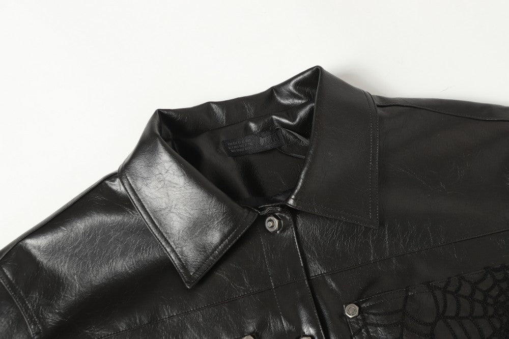 Shoulder-Pad Spider Web PU Leather Jacket Wide Leg Pants Setup WN27913
