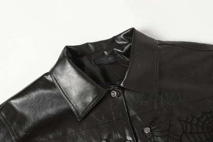 Shoulder-Pad Spider Web PU Leather Jacket Wide Leg Pants Setup WN27913