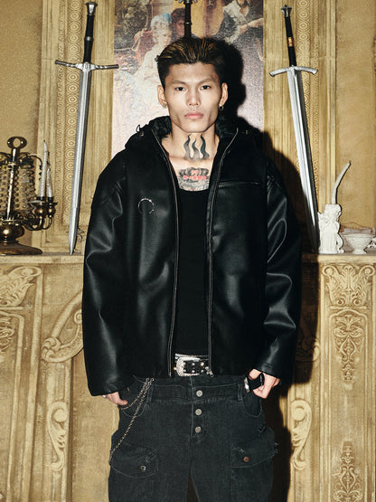 Back Graphic Design Hooded PU Leather Jacket WN15855