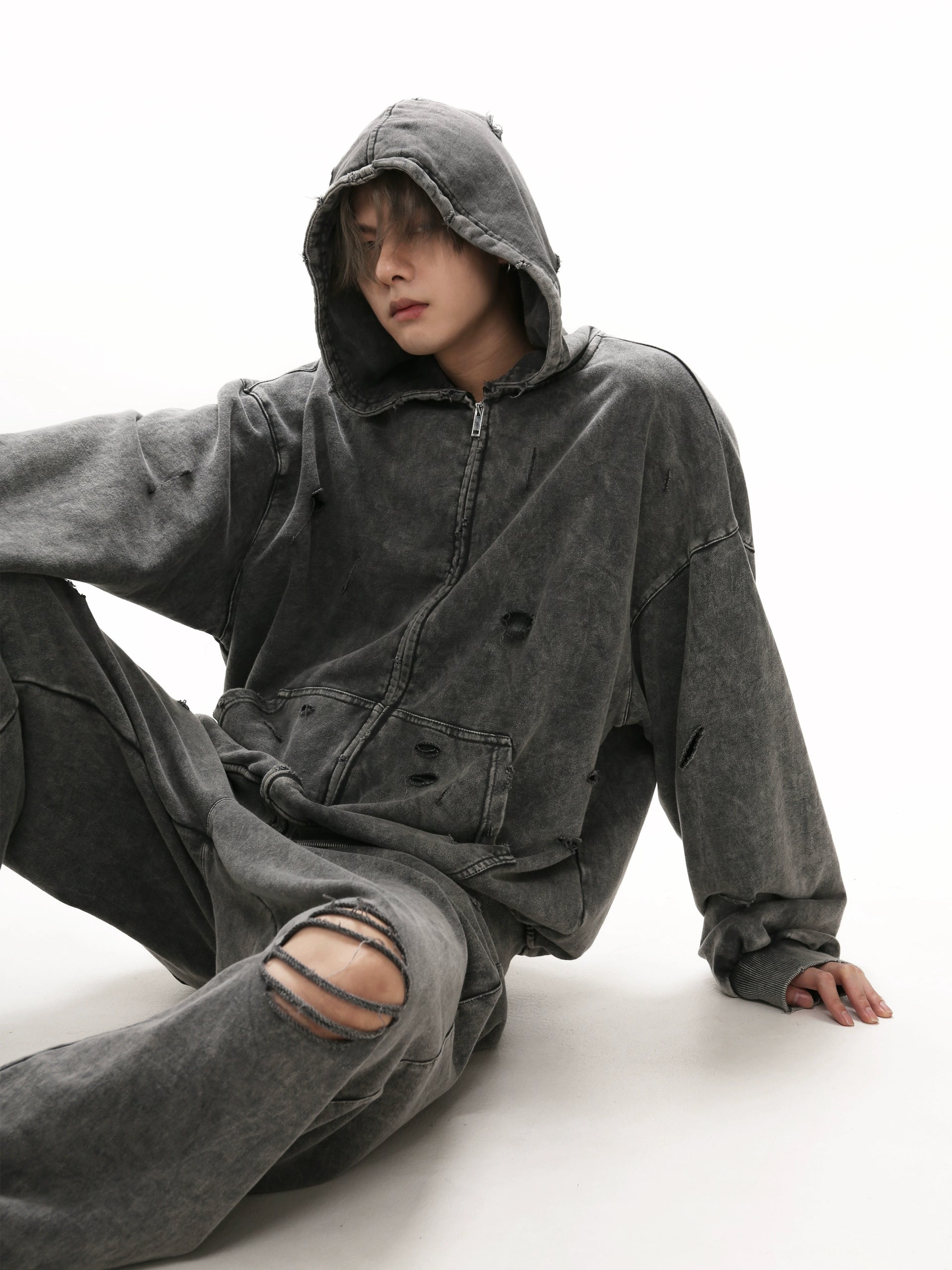 Oversize Damage Zipper Hoodie & Wide-leg Damage Sweatpants Setup 