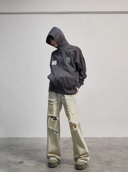 Letter Embroidery Print Zipper Hoodie WN21176