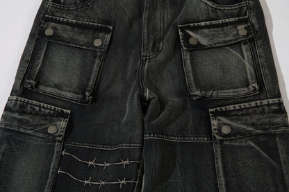 Cargo Pocket Embroidery Wide Leg Denim Jeans WN25718