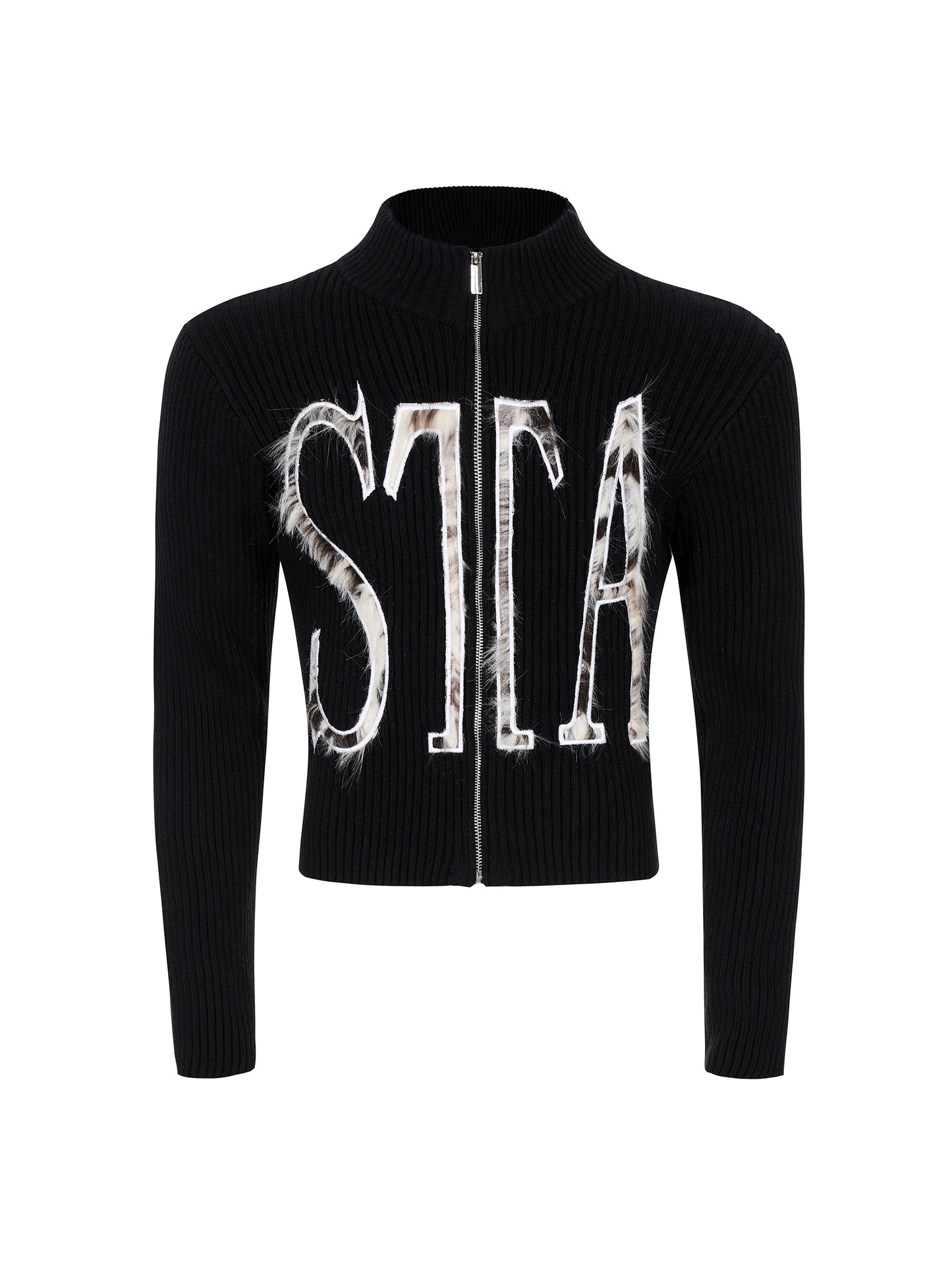 High-Neck Zipper Fake Fur Patch Slim Knit Cardigan WN22139