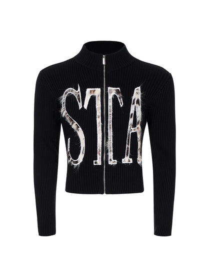 High-Neck Zipper Fake Fur Patch Slim Knit Cardigan WN22139