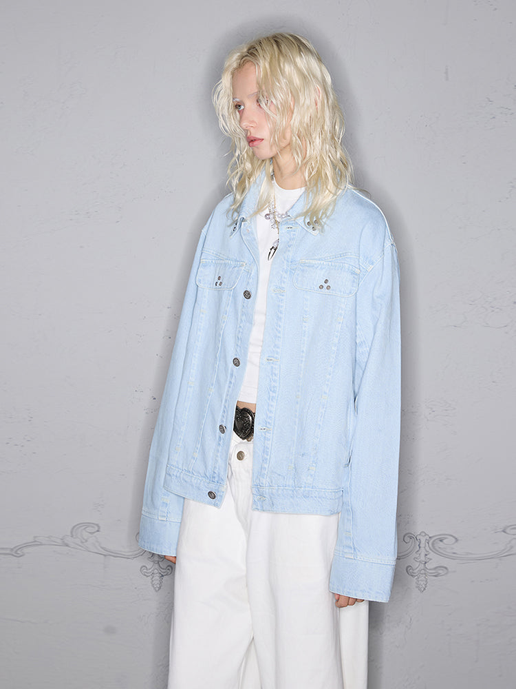 Patch Print Applique Studded Denim Jacket WN17800