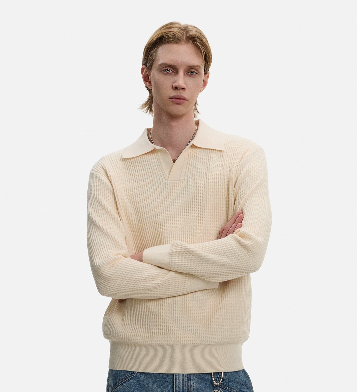 Waffle Texture Polo-Collar Knit Sweater WN21429