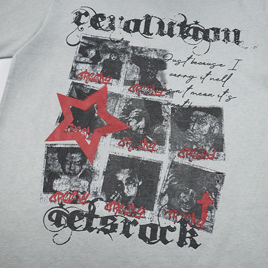 Washed Portrait Letter Print Short Sleeve T-Shirt WN25387