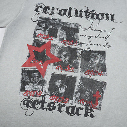 Washed Portrait Letter Print Short Sleeve T-Shirt WN25387