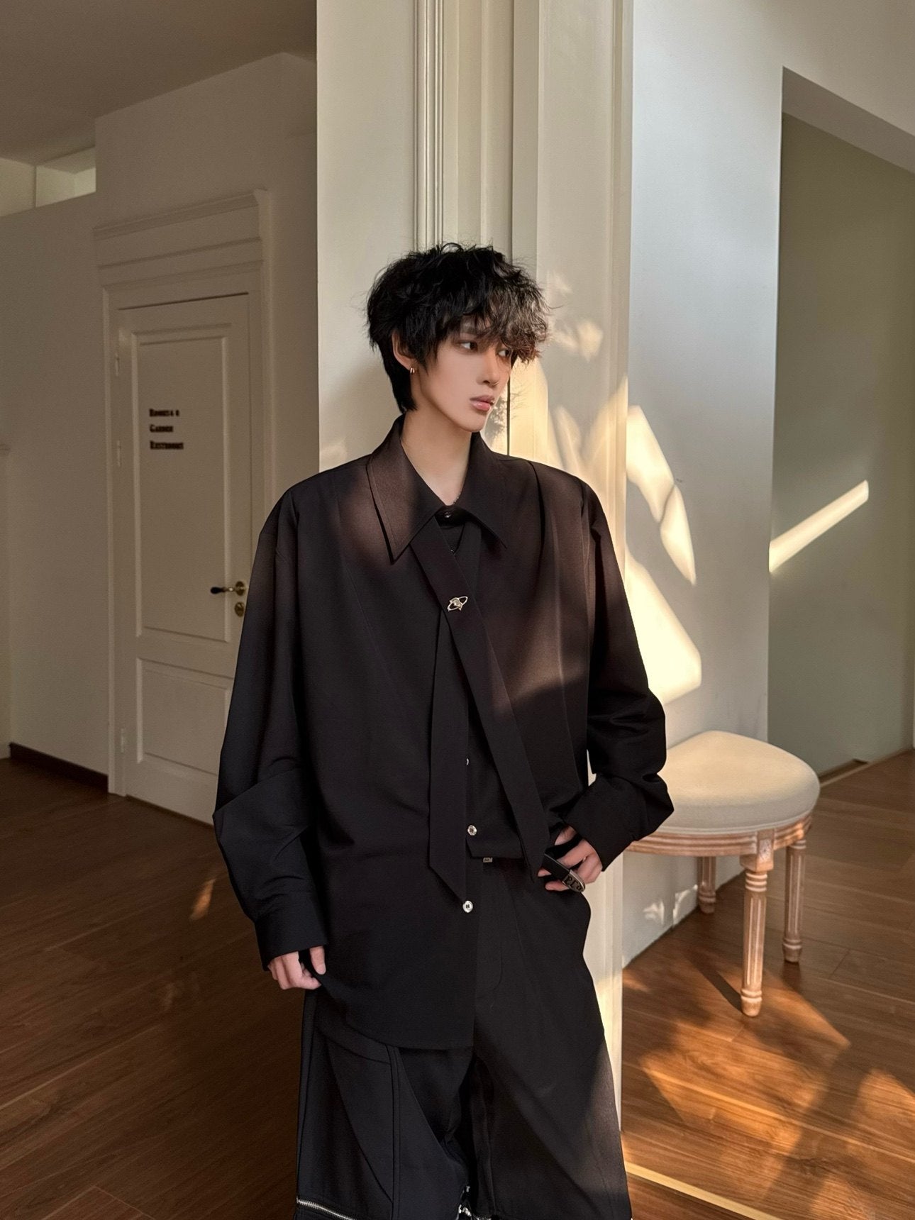 Design Cross Tie Oversize Long Sleeve Shirt WN23174