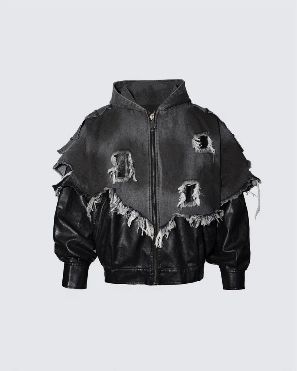 Washed Frayed Patchwork Contrast Hooded Jacket WN27864