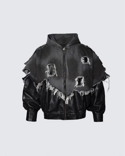 Washed Frayed Patchwork Contrast Hooded Jacket WN27864