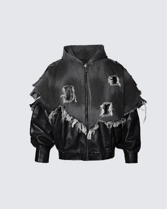 Washed Frayed Patchwork Contrast Hooded Jacket WN27864