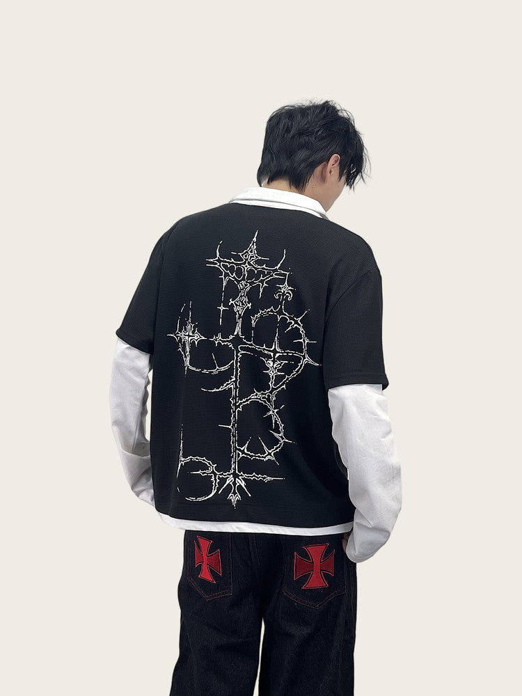 Cross Fake Layered Waffle Long Sleeve Polo T Shirt WN24245