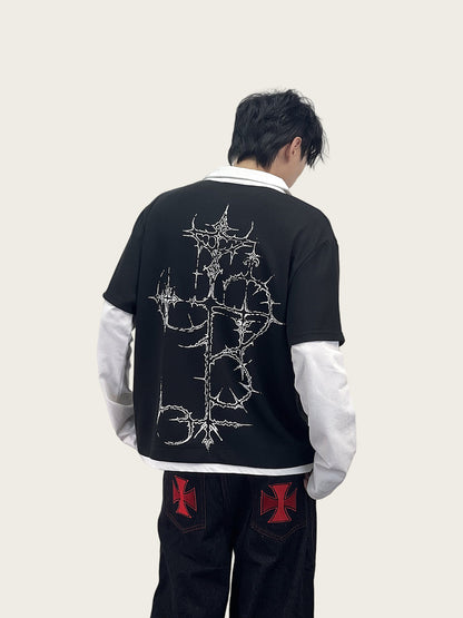Cross Fake Layered Waffle Long Sleeve Polo T Shirt WN24245