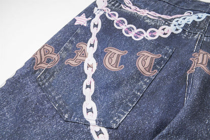 3D Chain Print Curved Leg Cropped Denim Pants WN26838