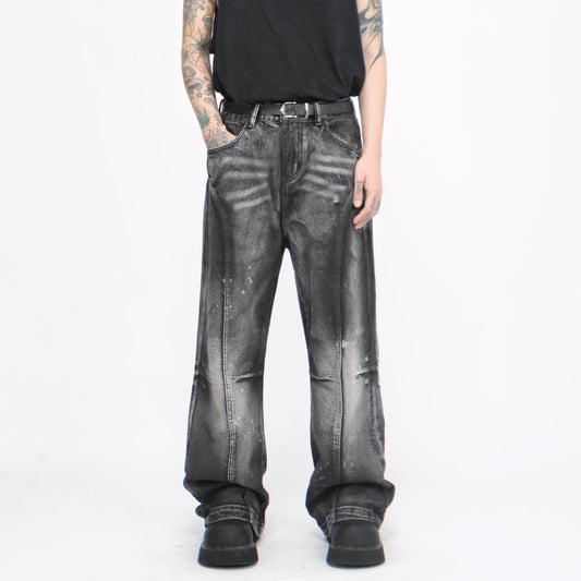 Washed Damage Wide-Leg Straight Denim Jeans WN6944