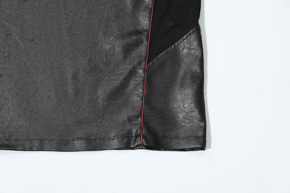 Chest Emblem PU Leather Stitching V-Neck Oversize Short Sleeve T-Shirt WN25655