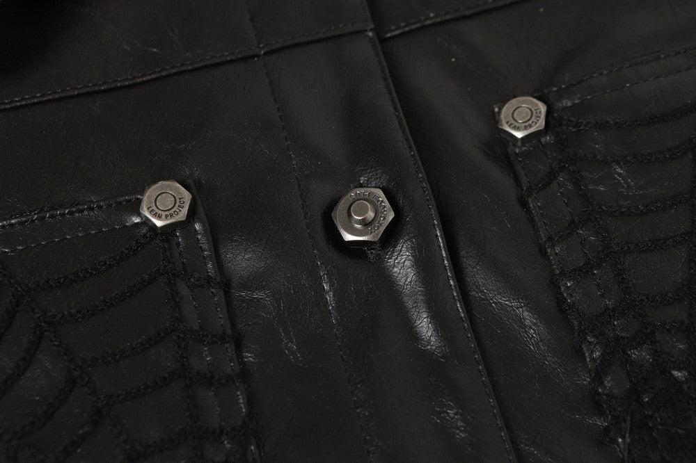 Shoulder-Pad Spider Web PU Leather Jacket Wide Leg Pants Setup WN27913