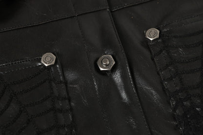 Shoulder-Pad Spider Web PU Leather Jacket Wide Leg Pants Setup WN27913