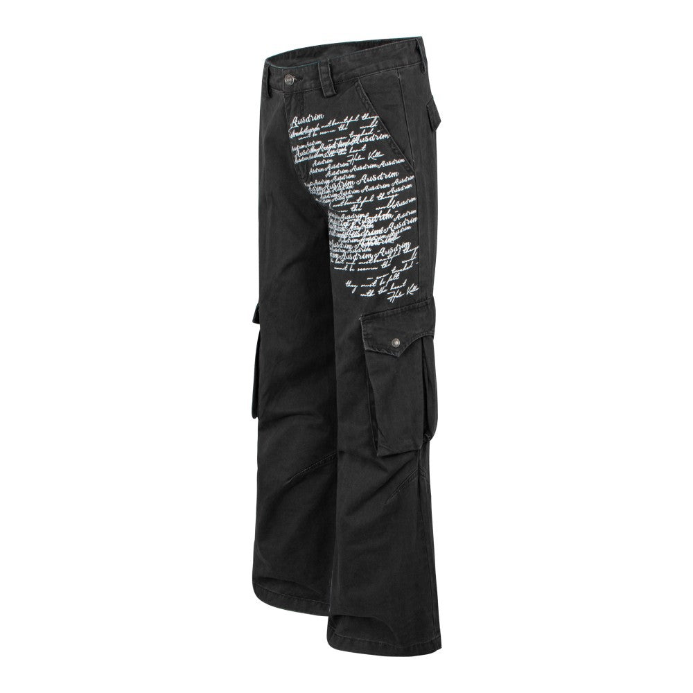 Letter Print Washed Wide Leg Cargo Denim Jeans WN27898