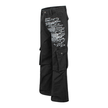 Letter Print Washed Wide Leg Cargo Denim Jeans WN27898