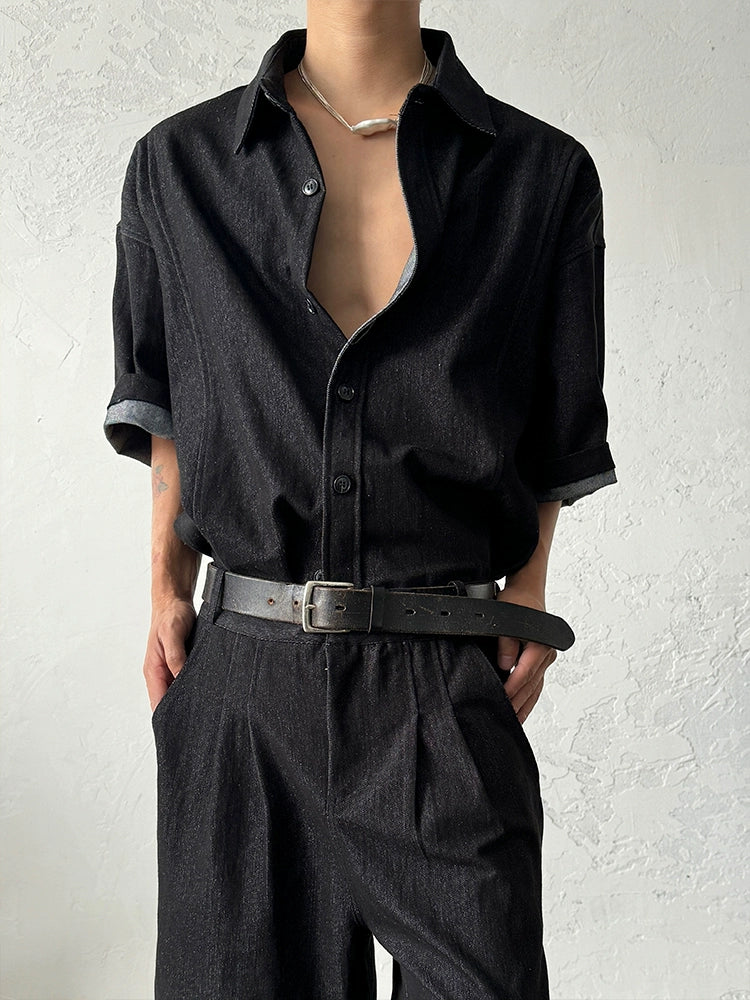 Washed Denim Short Sleeve Shirt & Wide Leg Denim Half Jeans Setup WN19956