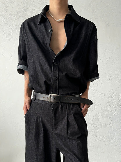 Washed Denim Short Sleeve Shirt & Wide Leg Denim Half Jeans Setup WN19956