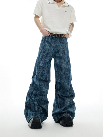 Marbled Pleats Texture Wide-Leg Straight Denim Jeans WN16331