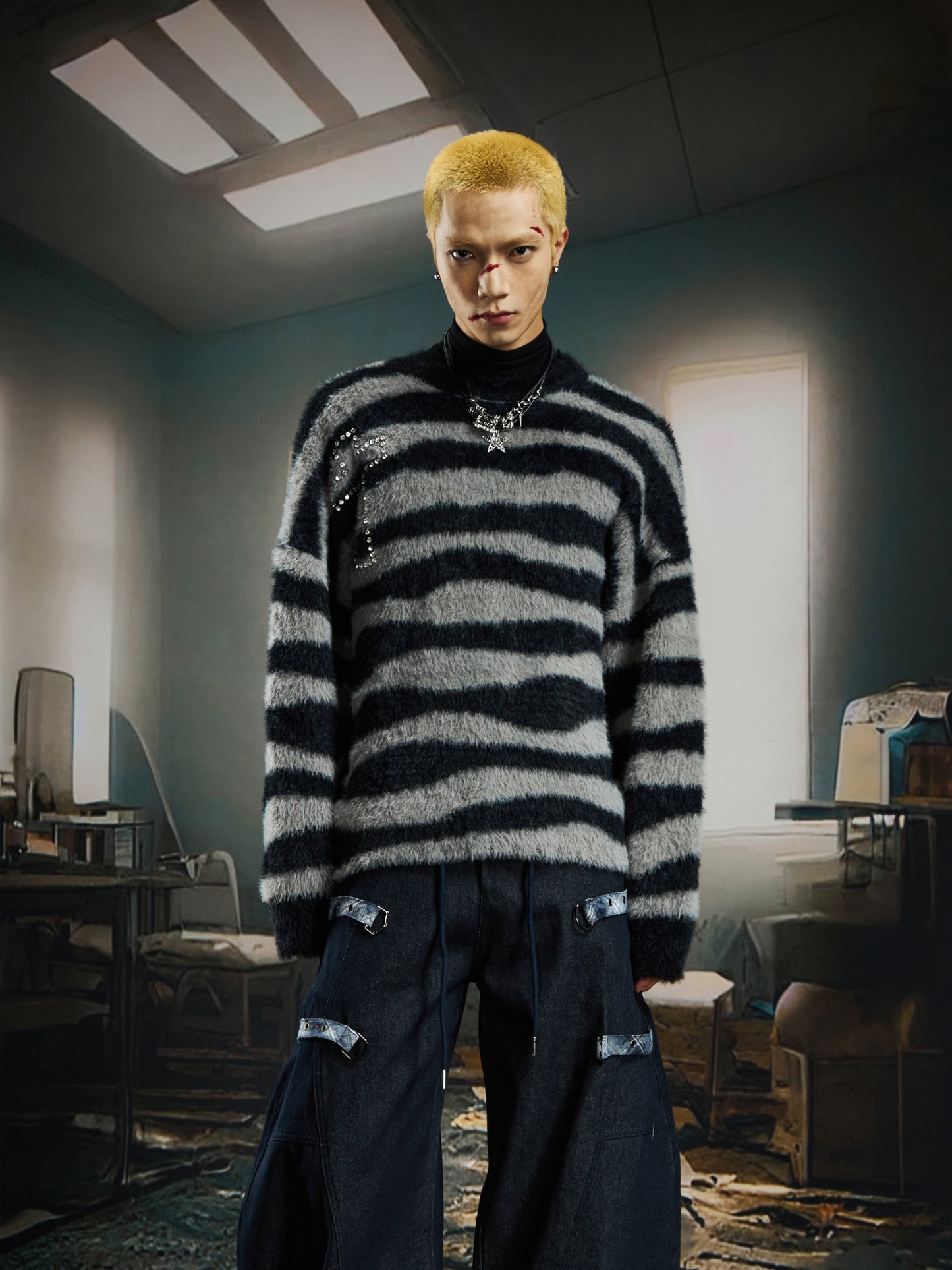 Striped Rhinestone Fake Mohair Oversize Knit Sweater WN22733