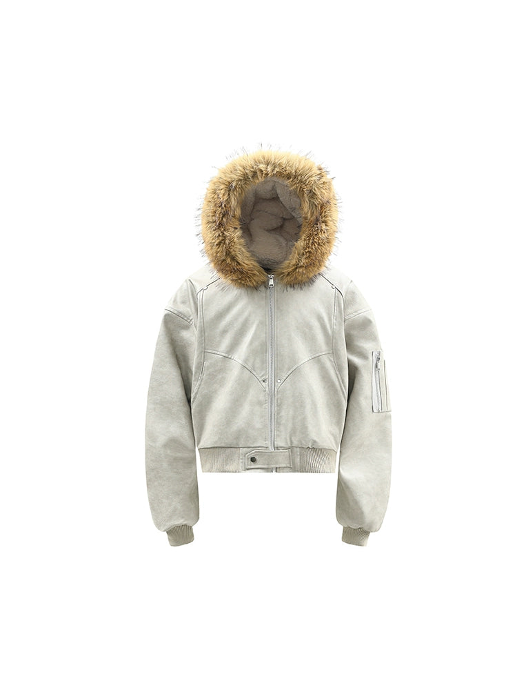 Fake Fur-Collar Plush Hooded Zipper Jacket WN22178