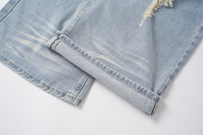 Washed Whisker Damage Wide Leg Denim Jeans WN25532