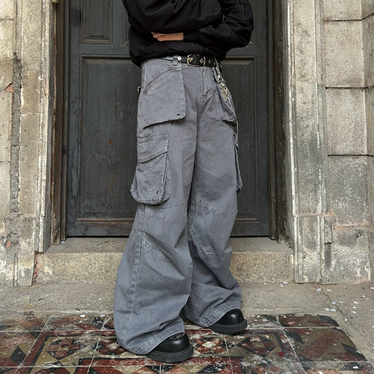 Washed Multi-Pocket Wide Leg Cargo Pants WN24387