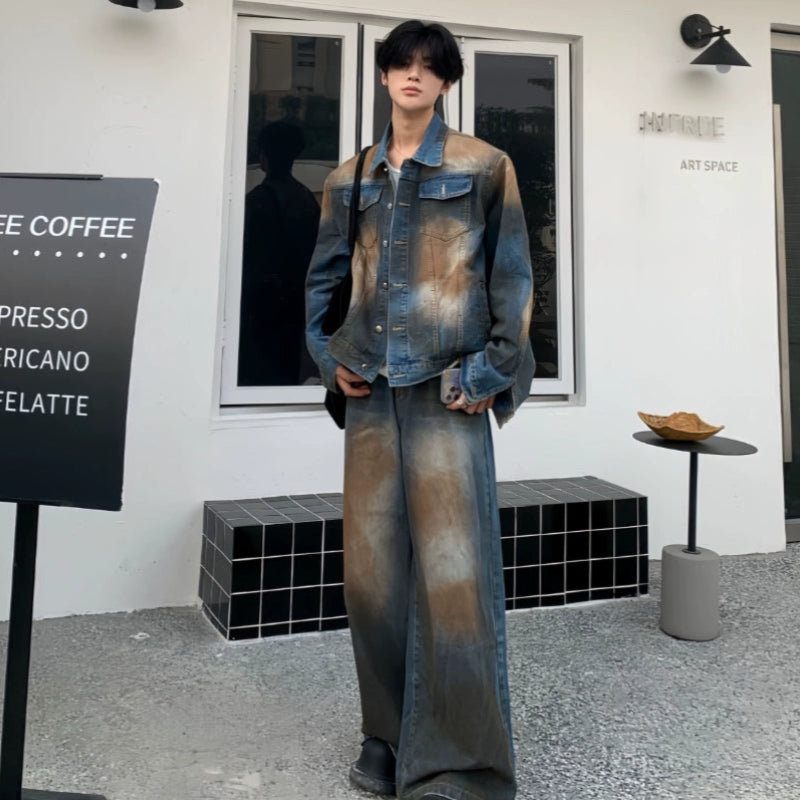 Multicolor Heavyweight Washed Denim Jacket & Washed Wide Leg Denim Jeans Setup WN19822