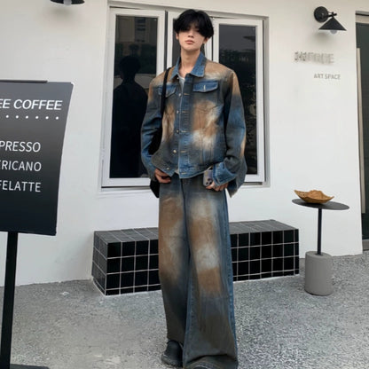 Multicolor Heavyweight Washed Denim Jacket & Washed Wide Leg Denim Jeans Setup WN19822