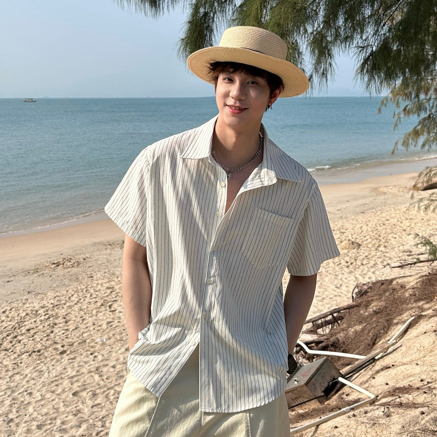 Stripe Pocket Open Collar Short Sleeve Shirt WN25301