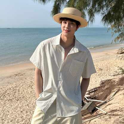 Stripe Pocket Open Collar Short Sleeve Shirt WN25301