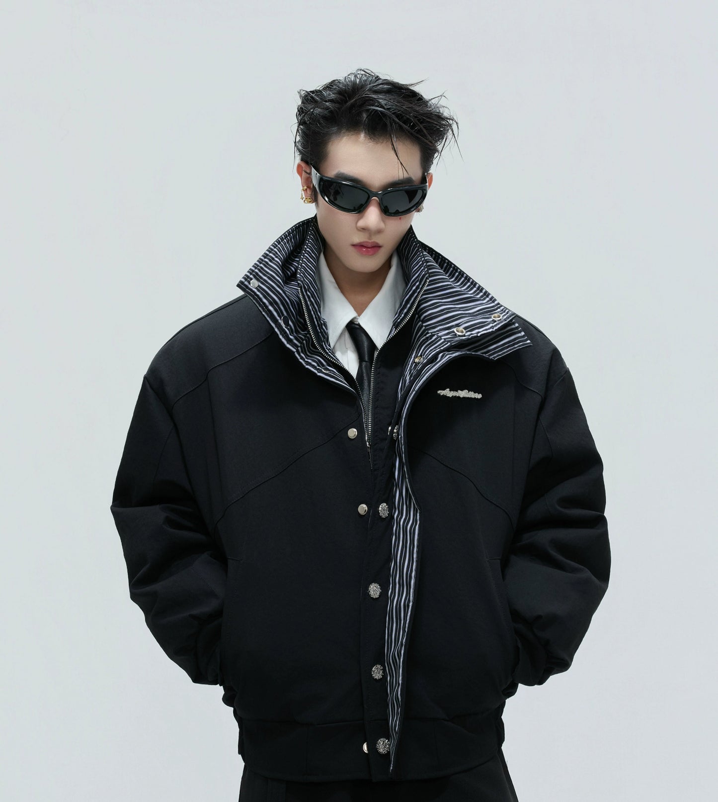 Washed Stripe Fake Layered Double Collar Puffer Jacket WN21725